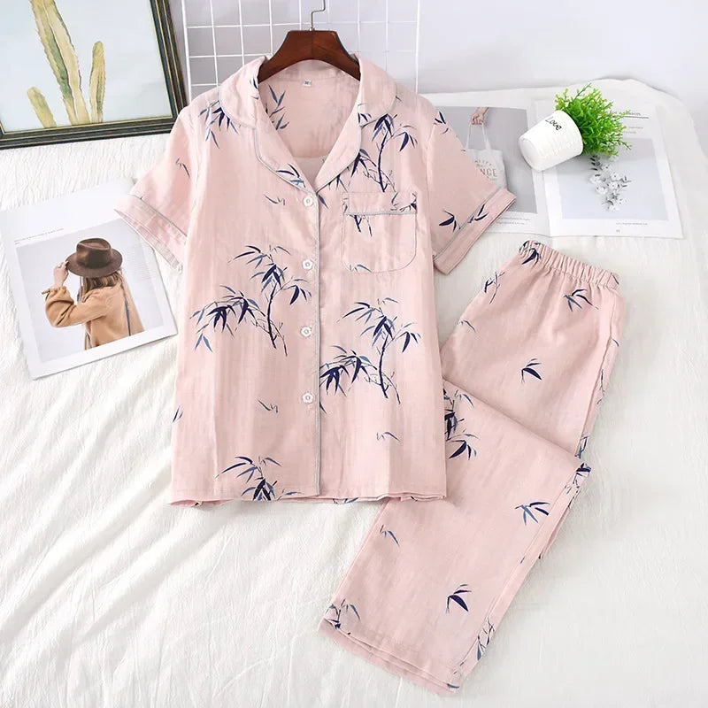 2025 Japanese style simple short women female 100% cotton gauze short sleeve trousers ladies pajamas suit cute pajamas sets home