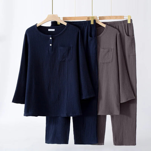 Spring and summer new style men's pajamas suit 100% cotton crepe two button long sleeved trousers two-piece leisure home suit