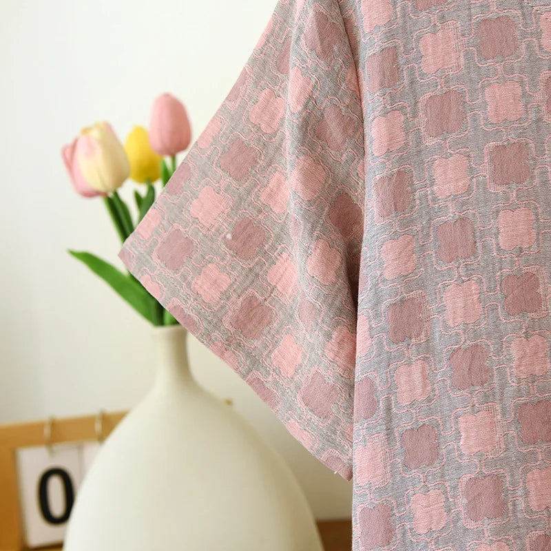2025 New Summer Short Sleeve Sleeping Skirt 100% Cotton Yarn Weaving Jacquard Loose Pullover Mid length Plaid Skirt Home Dress