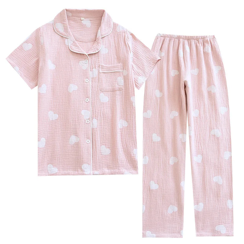 2025 Spring/Summer Women's New Pajama Set 100% Cotton Crepe Short Sleeves+Pants Flip Collar Vintage Flower Simple Homewear