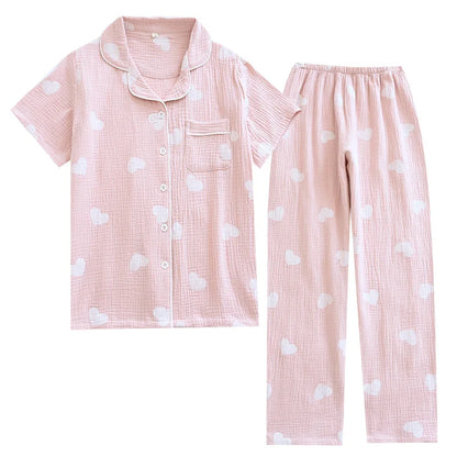 2025 Spring/Summer Women's New Pajama Set 100% Cotton Crepe Short Sleeves+Pants Flip Collar Vintage Flower Simple Homewear