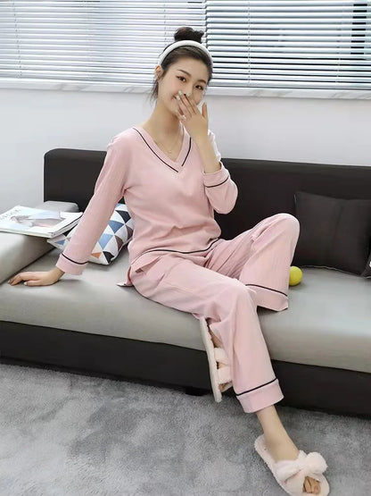 New Spring and Autumn Women's Pajamas Set V-Neck Cotton Thread Knitted Long Sleeve Pants Solid casual two-piece home clothes