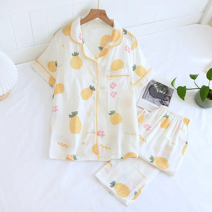 2025 Japanese style simple short women female 100% cotton gauze short sleeve trousers ladies pajamas suit cute pajamas sets home