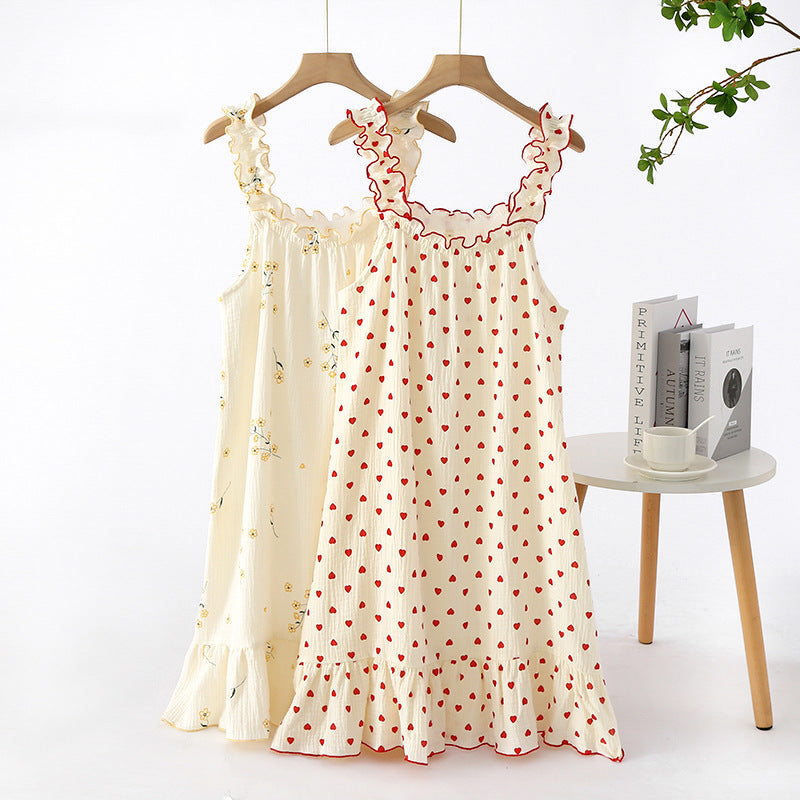 New Summer Ladies Nightdress 100% Cotton Crepe Sling Long Skirt Thin Sleeveless Mid Length Loving Ladies Home Dress plus size