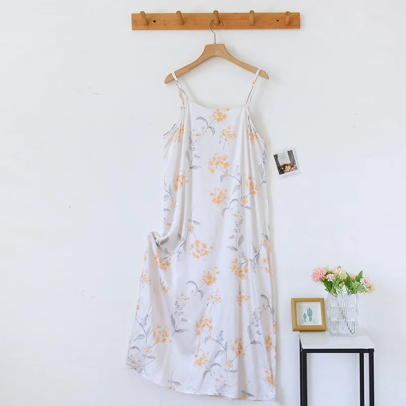 2025 Spring/Summer New Women's Sling Skirt 100% Viscose Fiber Sleeping Skirt Printed Sleeping Skirt Sexy Home Dress for Ladies