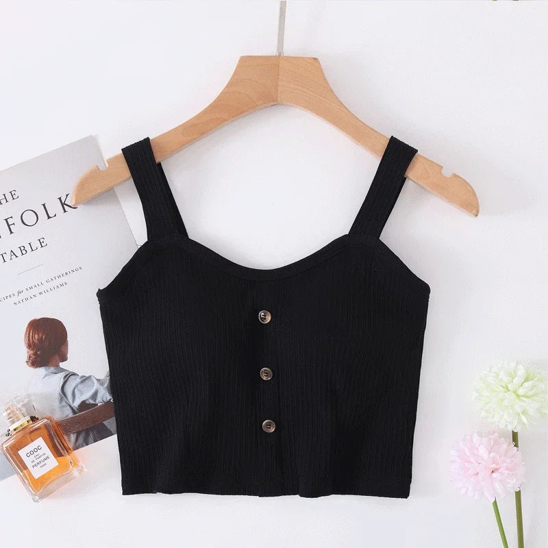 Manufacturer wholesale 2025 new spring and summer cotton belt bra sling vest women button wide shoulder belt women's navel vest