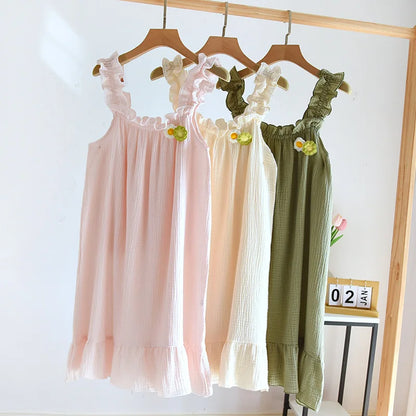 2025 summer new women's suspender nightdress 100% cotton crepe thin style solid color floral vest skirt home skirt sleepwear