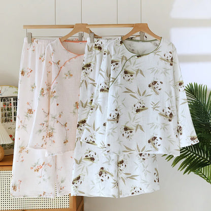 2025 Spring and Autumn New Women's Cartoon Pajama Set 100% Cotton Crepe Chinese Long Sleeve Long Pants Two Piece Set Ladies