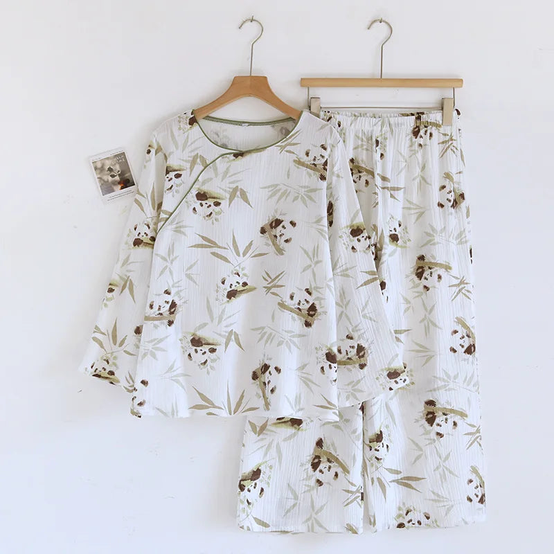 2025 Spring and Autumn New Women's Cartoon Pajama Set 100% Cotton Crepe Chinese Long Sleeve Long Pants Two Piece Set Ladies