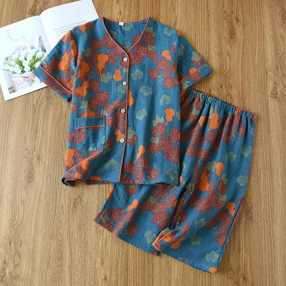 2025 Spring/Summer New Women's Pajama Set 100% Cotton Jacquard Short Sleeves+Capris Two Piece V-Neck Thin Homewear Ladies