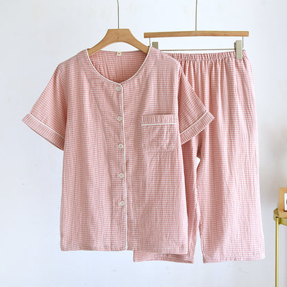 2025 Spring/Summer Couple Pajama Set 100% Cotton Gauze Short Sleeves+Capris Two Piece Men's and Women's Checkered Home Fur