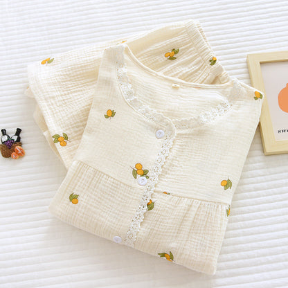 New summer ladies pajamas short-sleeved shorts two-piece set 100% cotton crepe suit female cute fresh home clothes plus size