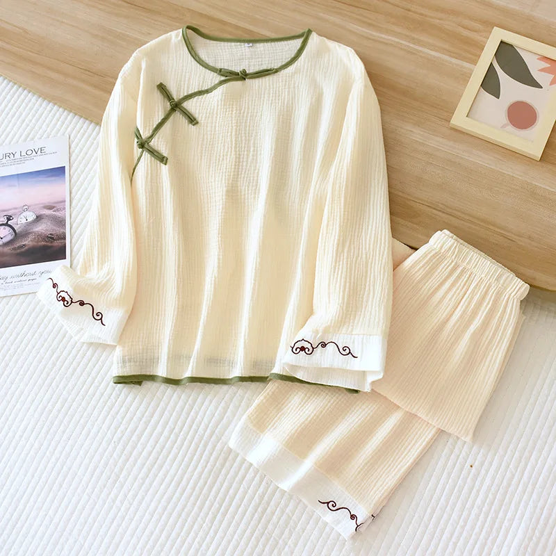 2025 Spring and Autumn New Women's Pajama Set 100% cotton crepe long-sleeved trousers classic two-piece household clothes