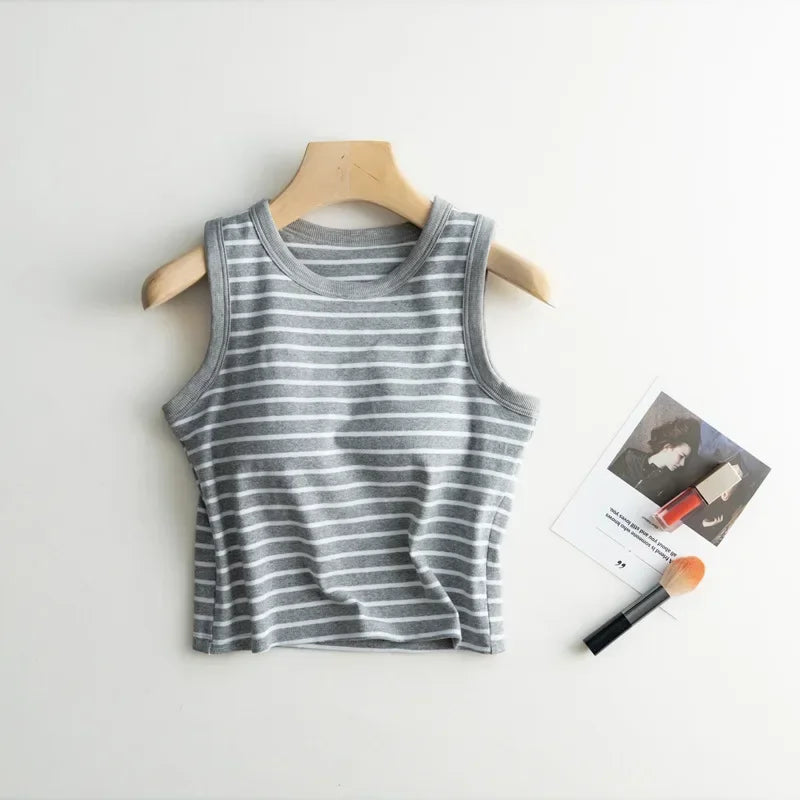 2025 Summer New Women's Tank Top Pajamas All Cotton with Chest Pads Tank Top with Stripe Sports Bottom Short Home Fur Ladies