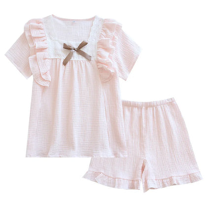 Japanese summer new short-sleeved shorts ladies pajamas set 100% cotton crepe solid color fresh home clothes two-piece set