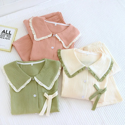2025 new women's pajama suit 100% cotton crepe sweet lovely long-sleeved trousers two-piece home wear thin sleepwear women