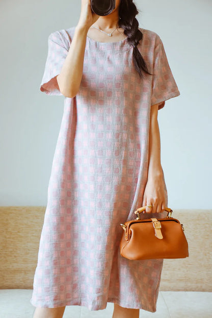 2025 New Summer Short Sleeve Sleeping Skirt 100% Cotton Yarn Weaving Jacquard Loose Pullover Mid length Plaid Skirt Home Dress