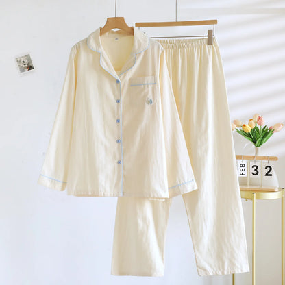 2025 New Spring and Autumn Women's Pajama Set 100% Cotton Simple Long Sleeve Long Pants Two Piece Set Cardigan Home Clothes