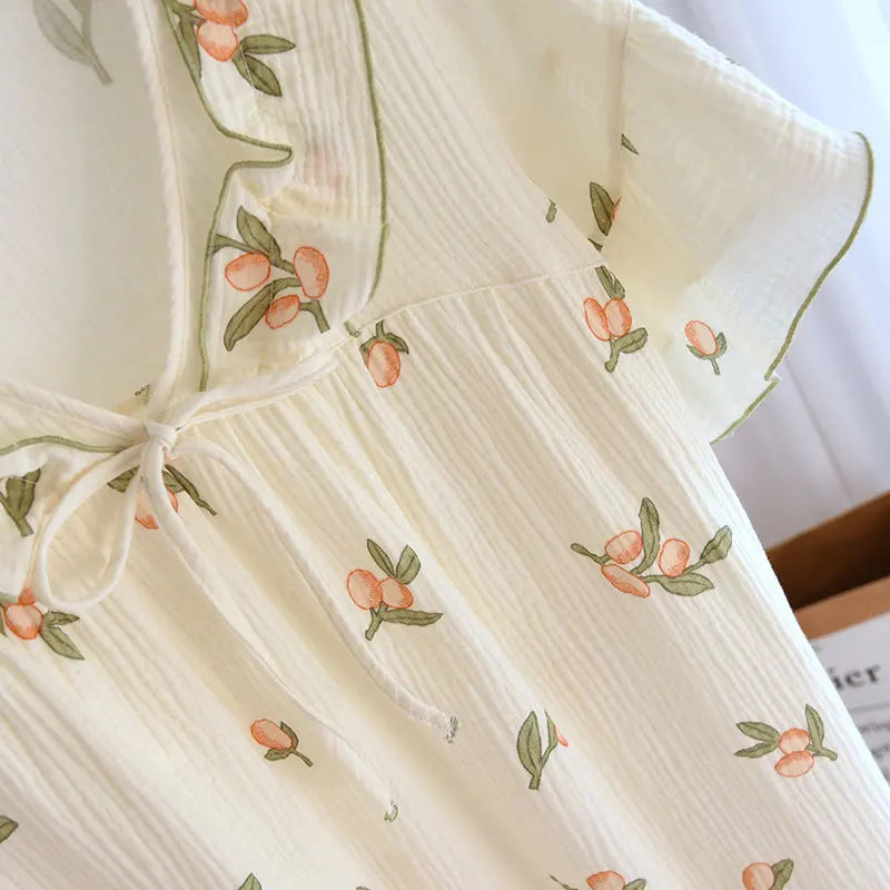 2025 Summer New Women's Pajama Dress 100% Cotton Crepe Ladies Short Sleeve Skirt Thin Flower Dress Homewear Pajama Dress