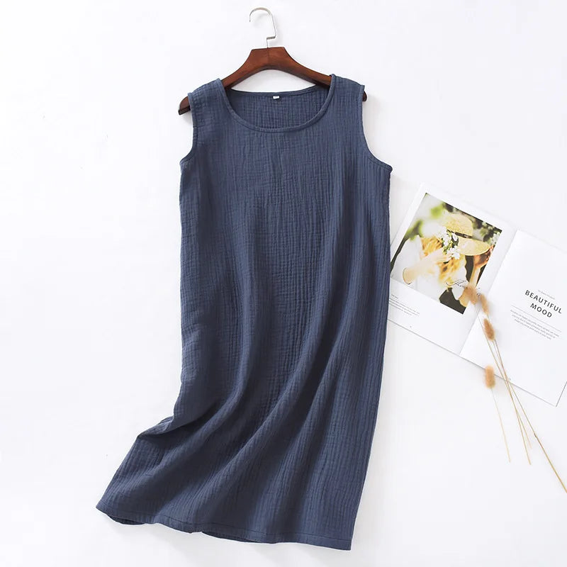 New summer ladies cotton crepe cloth nightdress sleeveless dress solid color plus size loose vest skirt furniture skirt women