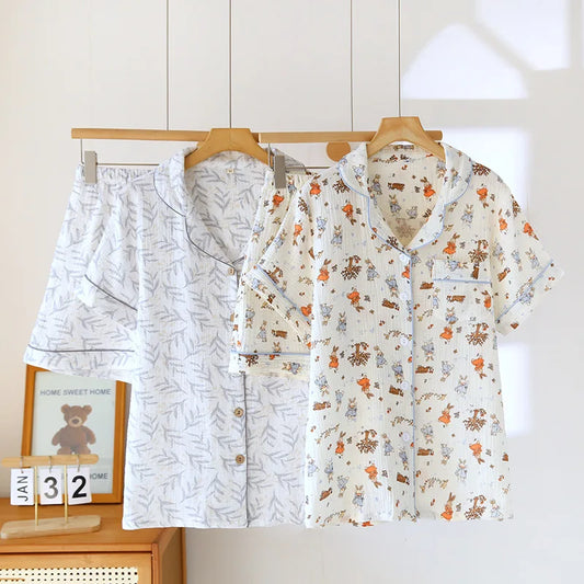 2025 New Summer Women's Pajama Set 100% Cotton Crepe Large Short Sleeve Shorts Two Piece Home Clothes Sleepwear Ladies