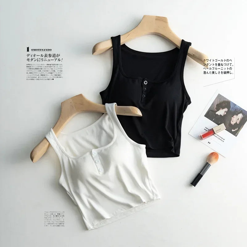 2025 Summer New Women's Short Tank Top with Chest Cushion Bottom Women's Viscous Fiber Inner Strap Top Thin Thread Pajamas