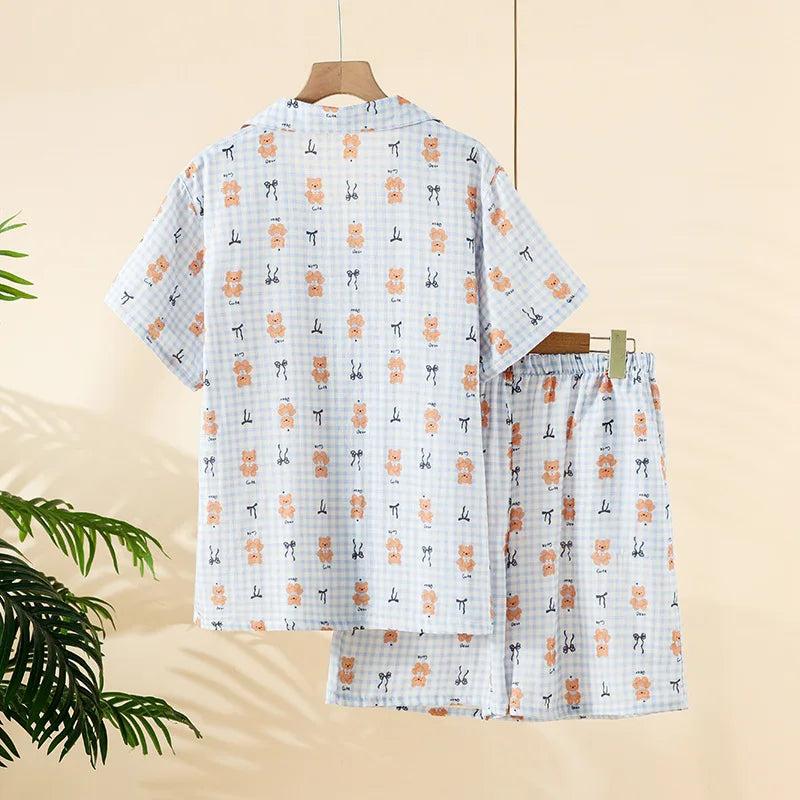 2025 Summer New Women's Pajama Set 100% Cotton Gauze Short Sleeve Shorts Two Piece Set Thin cardigan Home Clothes sleepwear