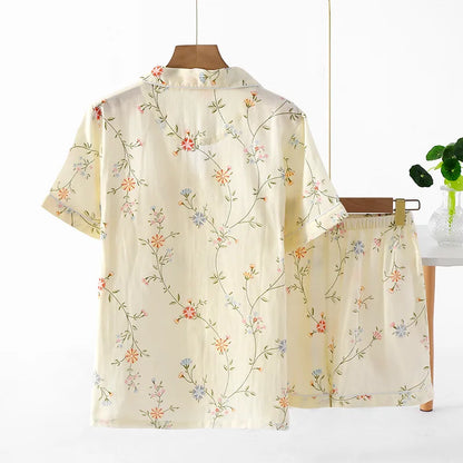 New summer women's pajamas short-sleeved shorts suit cotton double-layer gauze print fresh home clothes two-piece set ladies