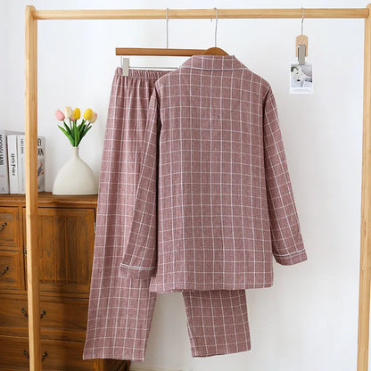 2025 Japanese New Men's Spring/Summer Pajama Set 100% Cotton Plaid Long Sleeve Pants Two Piece Set Large Relaxed Home Furnishing