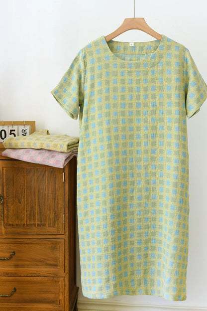 2025 New Summer Short Sleeve Sleeping Skirt 100% Cotton Yarn Weaving Jacquard Loose Pullover Mid length Plaid Skirt Home Dress