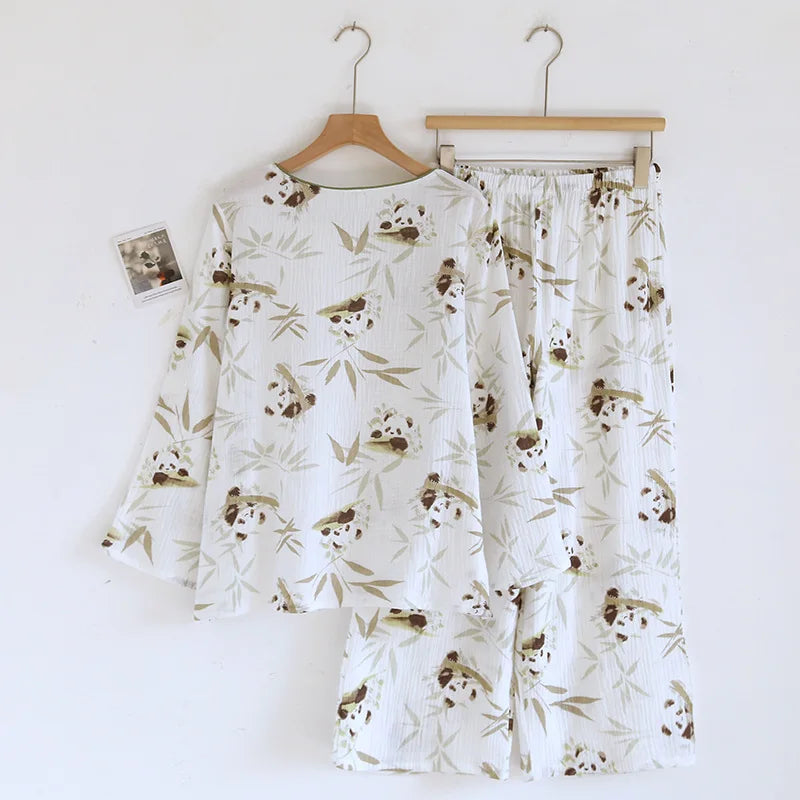 2025 Spring and Autumn New Women's Cartoon Pajama Set 100% Cotton Crepe Chinese Long Sleeve Long Pants Two Piece Set Ladies