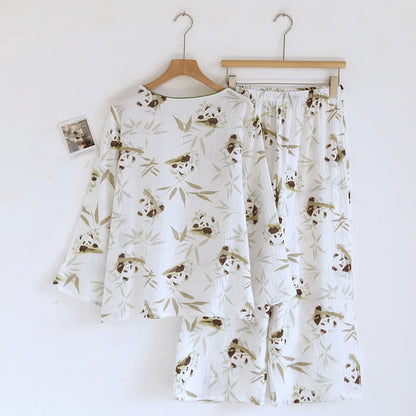 2025 Spring and Autumn New Women's Cartoon Pajama Set 100% Cotton Crepe Chinese Long Sleeve Long Pants Two Piece Set Ladies