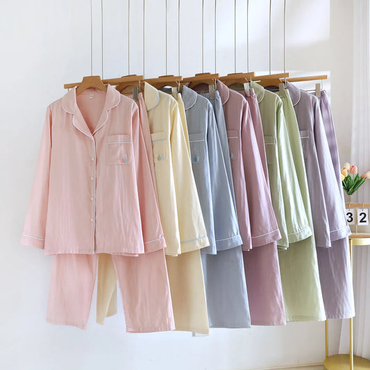 2025 New Spring and Autumn Women's Pajama Set 100% Cotton Simple Long Sleeve Long Pants Two Piece Set Cardigan Home Clothes