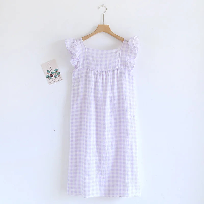 2025 Summer New Women's Sleeping Skirt Tank Top 100% Pure Cotton Large Size Loose Plaid with Chest Cushion Dress Home Fury