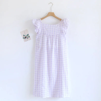 2025 Summer New Women's Sleeping Skirt Tank Top 100% Pure Cotton Large Size Loose Plaid with Chest Cushion Dress Home Fury