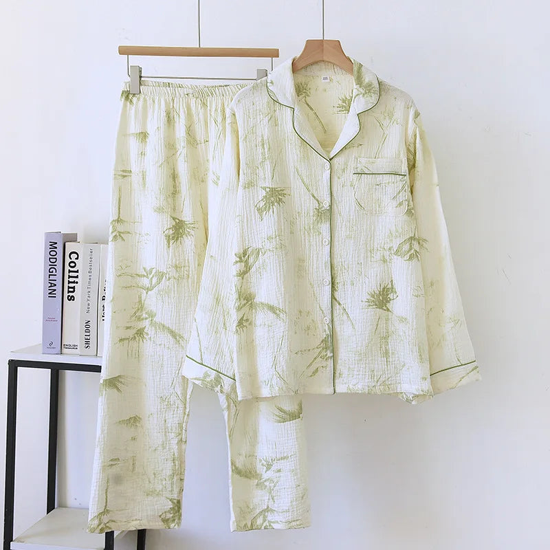 New large size pajamas women cotton crepe home service cotton long sleeve trousers suit simple and comfortable summer and autumn