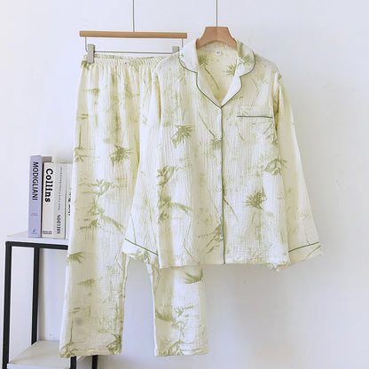 New large size pajamas women cotton crepe home service cotton long sleeve trousers suit simple and comfortable summer and autumn