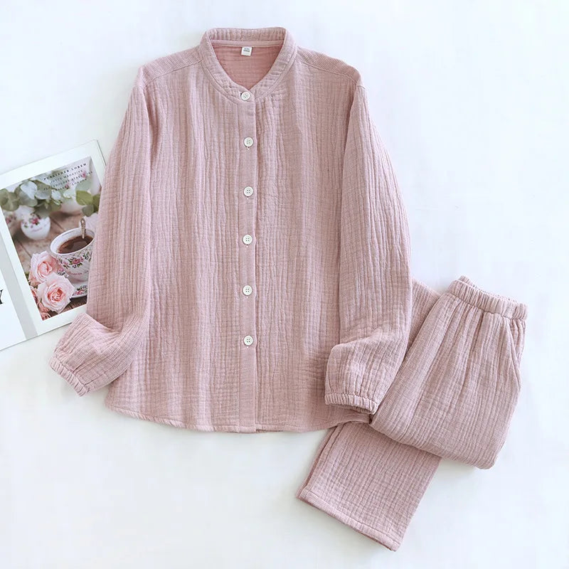 2025 Spring and Autumn New Couple Pajama Set 100% Pure Cotton Crepe Cloth Men's and Women's Stand up Neck Simple Home Clothing