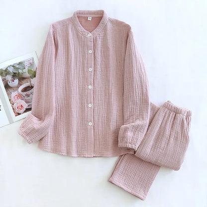 2025 Spring and Autumn New Couple Pajama Set 100% Pure Cotton Crepe Cloth Men's and Women's Stand up Neck Simple Home Clothing