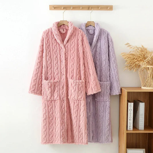 2025 New Autumn/Winter Women's Bathrobe Flannel Thickened Warm Buckle Long Dress Solid Color Nightgown Home Fur Ladies