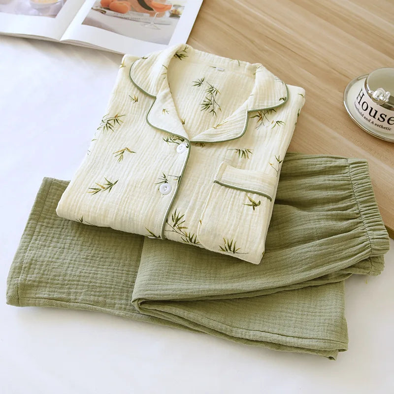 2025 New Spring/Summer Women's Pajama Set 100% Cotton Crepe Long Sleeve Long Pants Large Home Clothes Two Piece Set Sleepwear