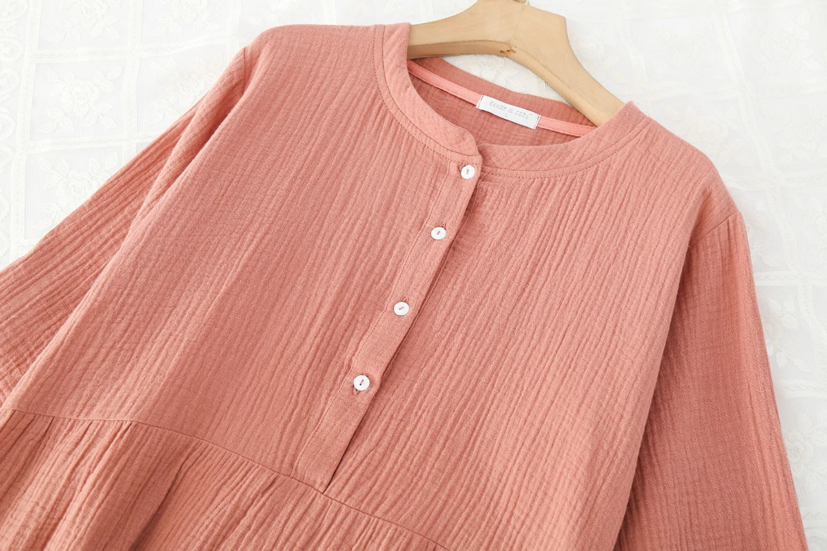 Spring and Autumn Women's Long Sleeve Nightdress 100%Cotton Crepe Round Neck Button Solid Color Dress Home Dress Nightgown Dress
