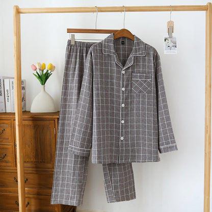 2025 Japanese New Men's Spring/Summer Pajama Set 100% Cotton Plaid Long Sleeve Pants Two Piece Set Large Relaxed Home Furnishing