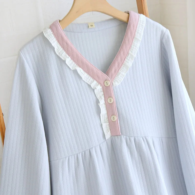 Autumn and Winter New Women's Long Skirt Thickened Thermal Nightdress 100% Cotton Cotton Clip Long Sleeve Home Dress sleepwear