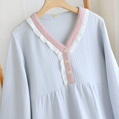 Autumn and Winter New Women's Long Skirt Thickened Thermal Nightdress 100% Cotton Cotton Clip Long Sleeve Home Dress sleepwear
