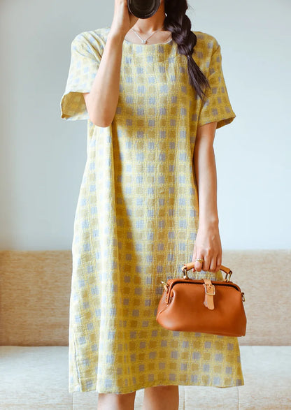2025 New Summer Short Sleeve Sleeping Skirt 100% Cotton Yarn Weaving Jacquard Loose Pullover Mid length Plaid Skirt Home Dress