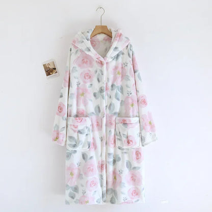 2025 Winter New Flannel Sleeping Robe Women's Bathrobe Long Thickened Velvet Cute Sweet Hooded Home Robe Sleepwear Ladies