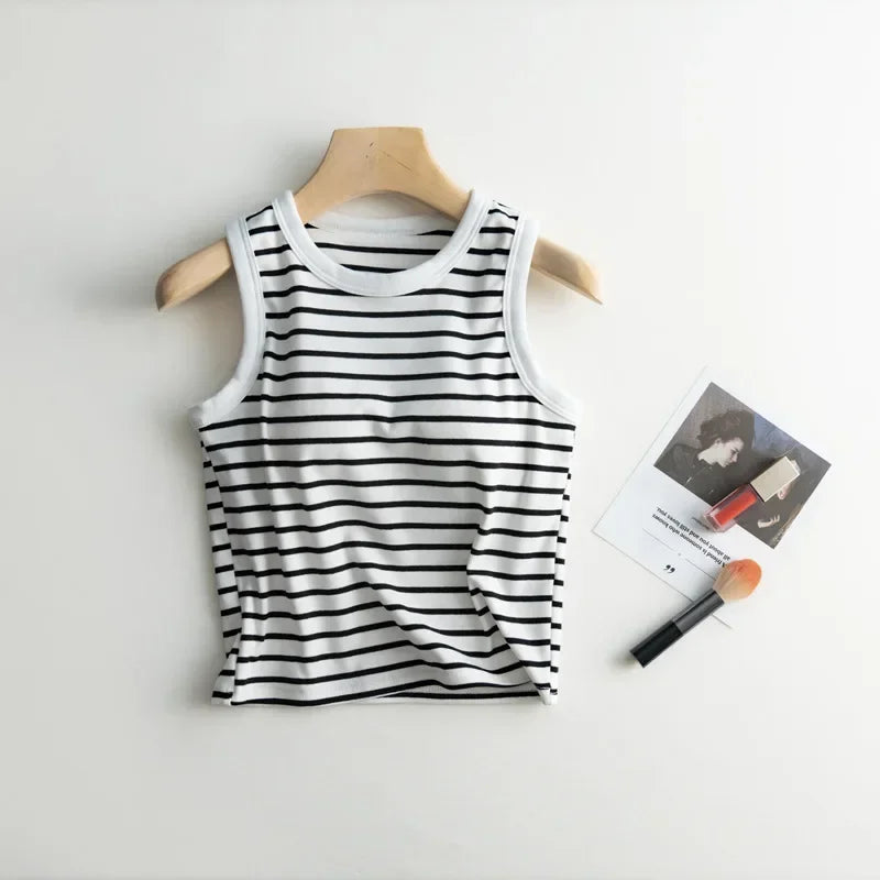 2025 Summer New Women's Tank Top Pajamas All Cotton with Chest Pads Tank Top with Stripe Sports Bottom Short Home Fur Ladies