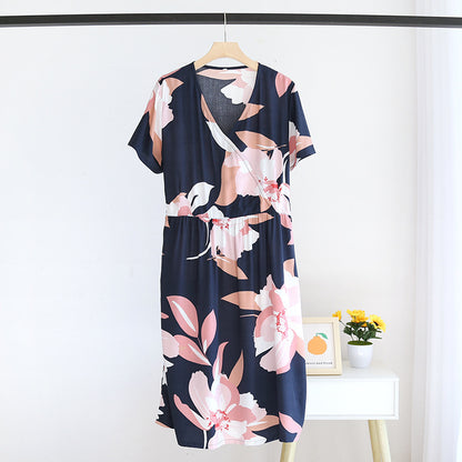 Summer New Ladies V-neck Nightdress 100% Viscose Short Sleeve Home Dress Floral Comfort Large Size Dress Thin Section women