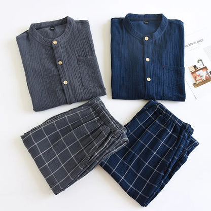 2025 Japanese style new couple sleepwear set 100% cotton crepe fabric long sleeved long pants two-piece home wear pajama